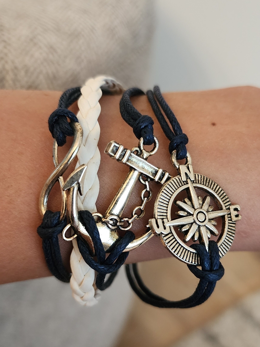 Navy & White Nautical Anchor Compass Layered Bracelet 6-8"